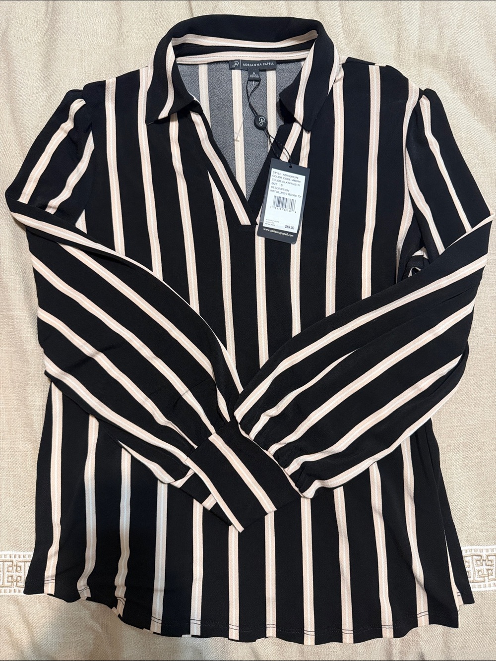 Adrianna Papell Black and Cream Vertical Stripe Collared Blouse
